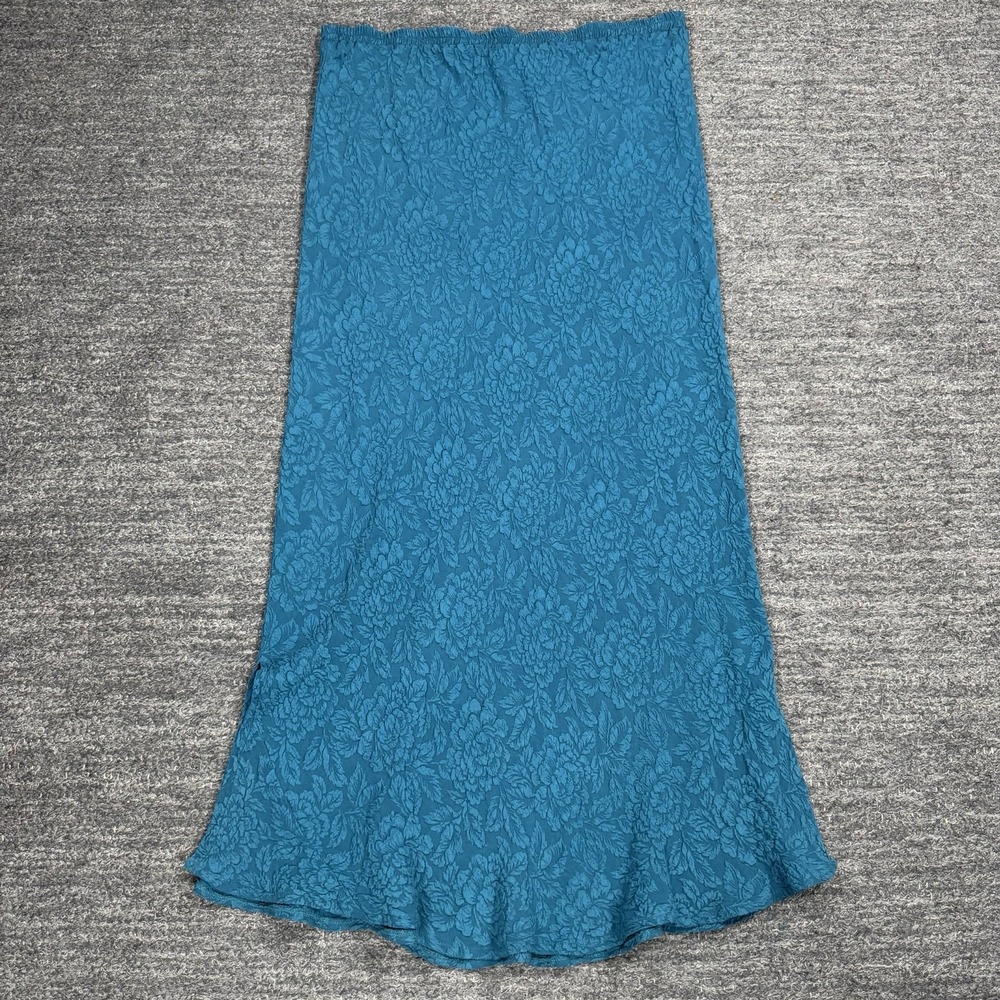 URU 100% Silk Floral Jacquard Maxi Skirt Women Teal XL Lagenlook Artsy Pull On
